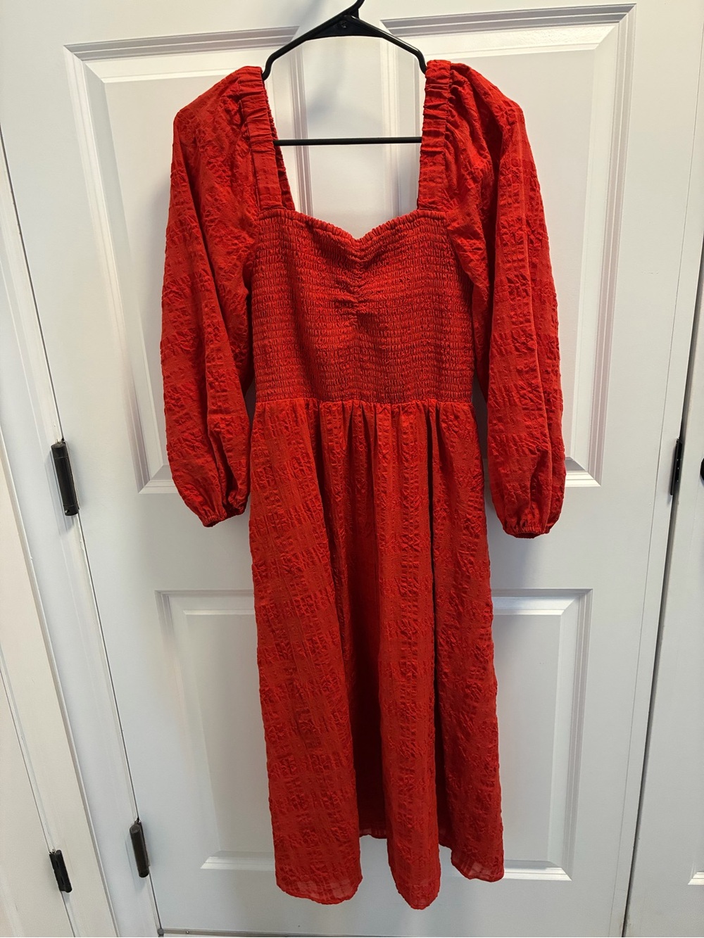 Madewell Red Orange Textured Smocked Midi Dress
